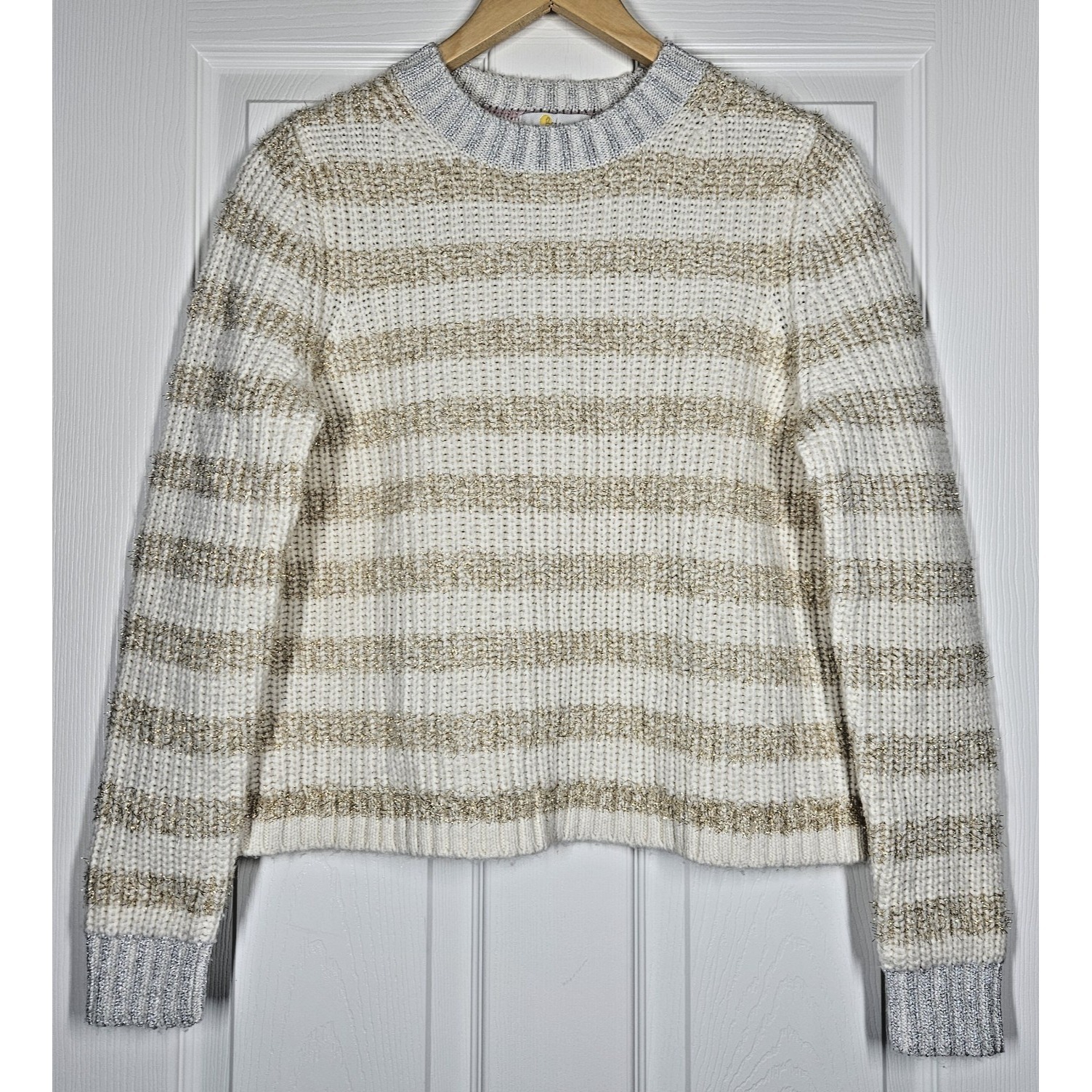 Boden Metallic Striped Wool Alpaca Chunky Knit Sweater Size 4 Ivory Gold Cozy